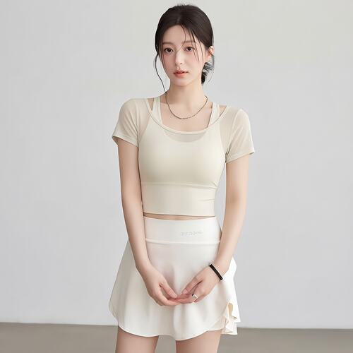 绝美瑜伽服短袖2026新款带胸垫跑步运动上衣健身网纱普拉提训练服