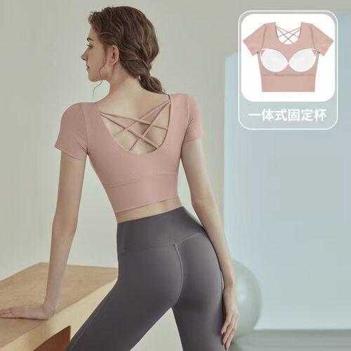 瑜伽服女2025新款短袖带胸垫专业普拉提运动上衣高级感健身套装女