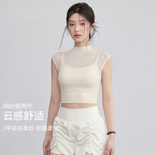 带胸垫瑜伽服短袖假两件网纱运动T恤跑步训练普拉提上衣健身套装