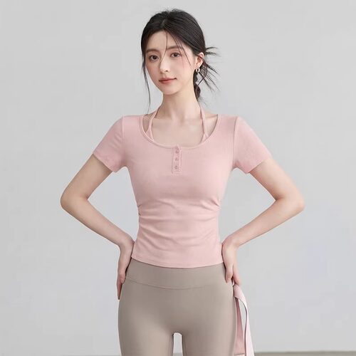新款瑜伽服短袖假两件带胸垫运动上衣速干跑步普拉提训练健身套装