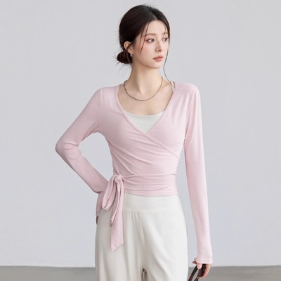 新款瑜伽服上衣粉色绑带修身舞蹈普拉提训练服运动健身服长袖罩衫