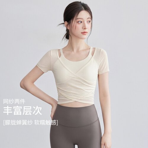 2026新款瑜伽服女网纱罩衫快干跑步健身普拉提瑜伽短袖套装女批发