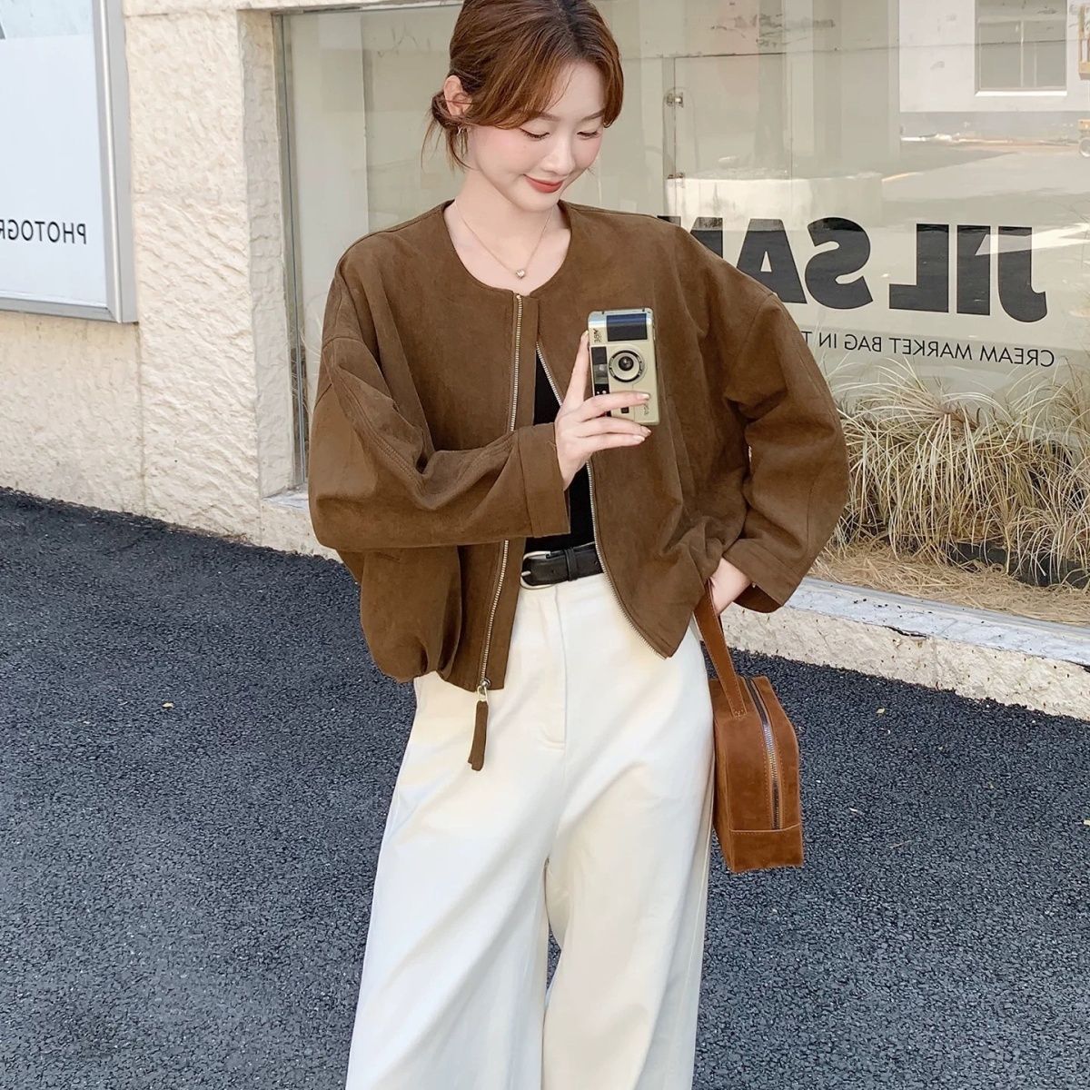 咖色复古仿麂皮绒短款外套秋新款韩系气质休闲圆领上衣