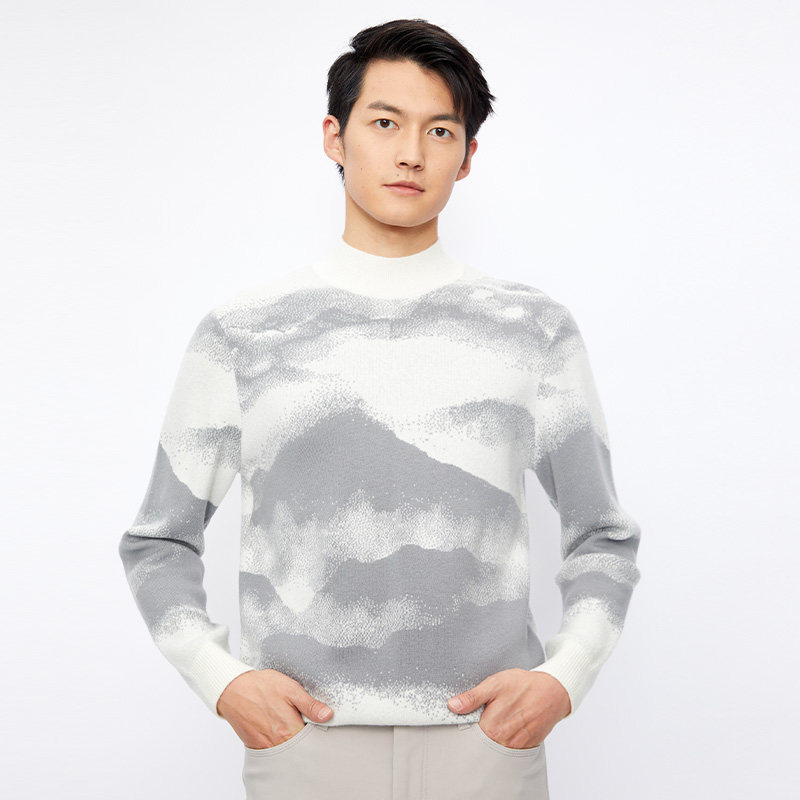 吊牌1199九牧王男士白色水墨风修身针织羊毛衫毛衣保暖hy1b51017