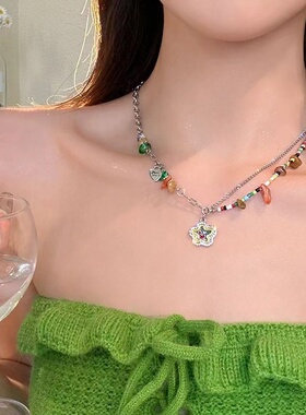 彩色串珠笑脸花朵石头拼接项链女小众设计感甜酷多巴胺锁骨链配饰