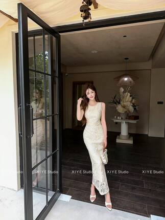 温柔风蕾丝连衣裙女夏季镂空背心无袖裙收腰显瘦气质中长仙女裙子