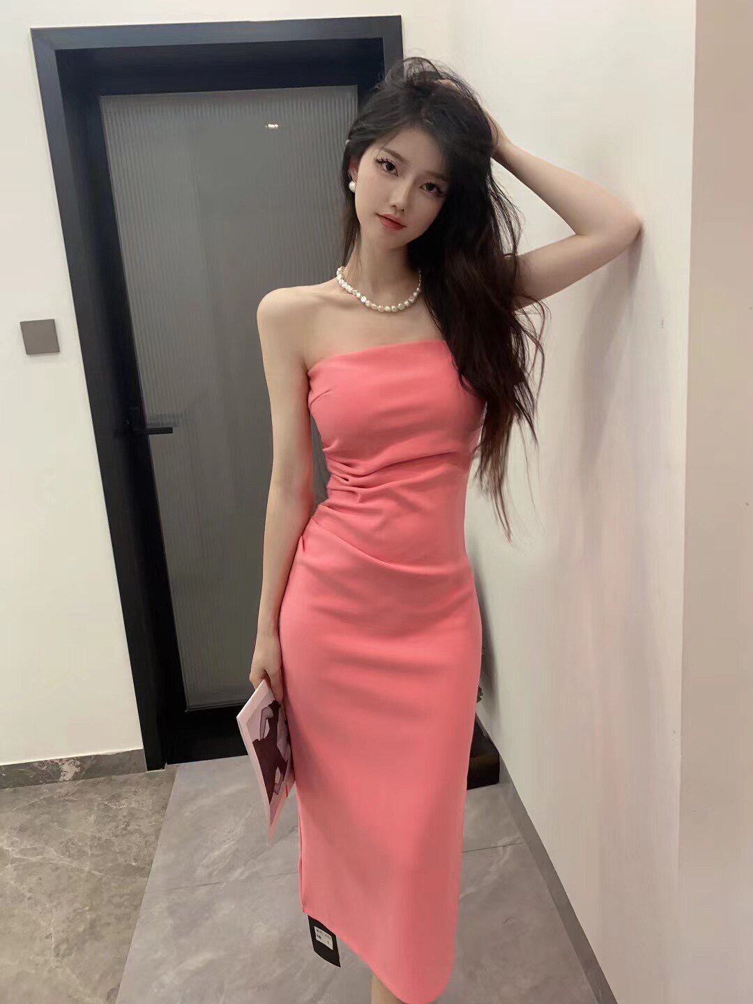 抹胸连衣裙女2025夏季气质露肩开叉修身显瘦包臀辣妹中长一步裙