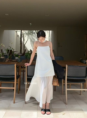 法式白色蕾丝吊带连衣裙女2026新款网纱拼接提花a字裙假两件长裙