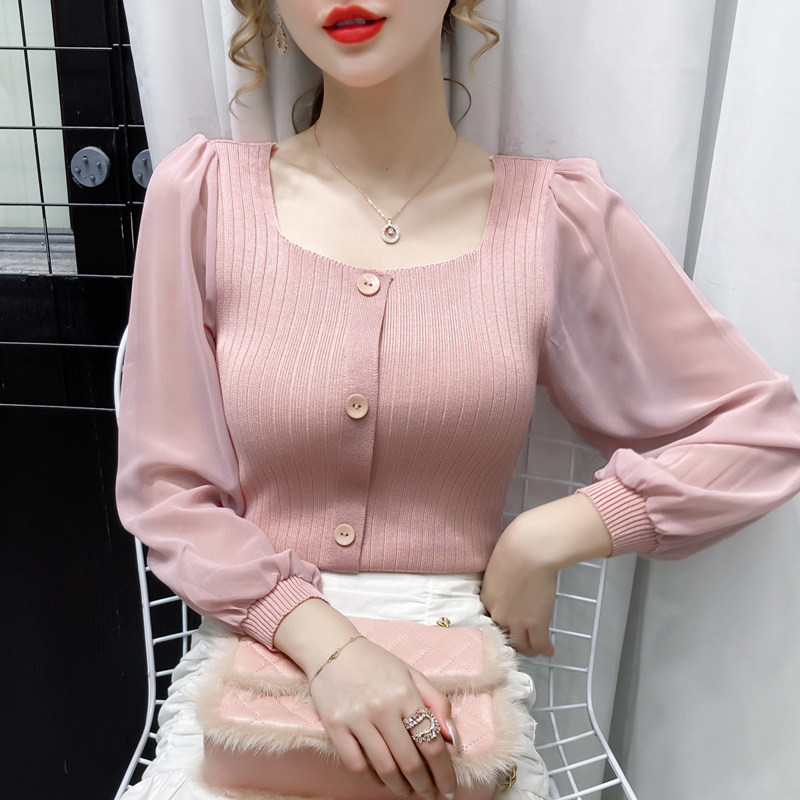 雪纺长袖设计感薄款拼接针织上衣女士打底衫2021秋款女装内搭毛衣|ruв категории Женская одежда, свитер - от Buy2taobao.com для оказания профессиональной услуги покупки агента Taobao