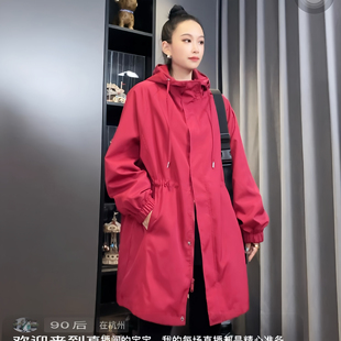 韩版 休闲百搭宽松大码 收腰显瘦春秋外套 2025新款 连帽风衣女中长款