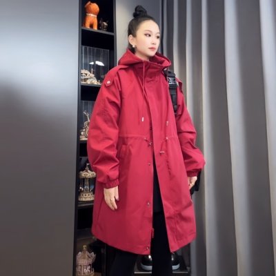 连帽风衣女中长款2025新款休闲宽松大码百搭时尚显瘦春秋外套