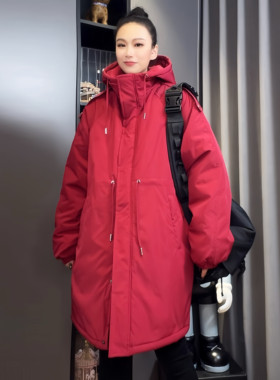 棉服女中长款2025冬季新款加厚棉衣外套休闲宽松韩版百搭连帽棉袄