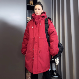 棉服女中长款2025冬季新款加厚棉衣外套休闲宽松韩版百搭连帽棉袄