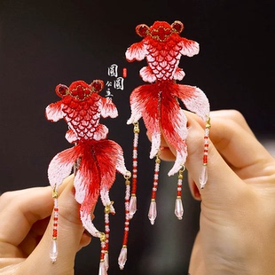 年年有鱼刺绣国风儿童流苏古风发夹新年锦鲤旗袍拜年服宝宝头饰品