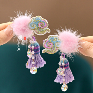 九紫离火新年刺绣祥云儿童新中式发夹汉服毛球中国风流苏宝宝对夹