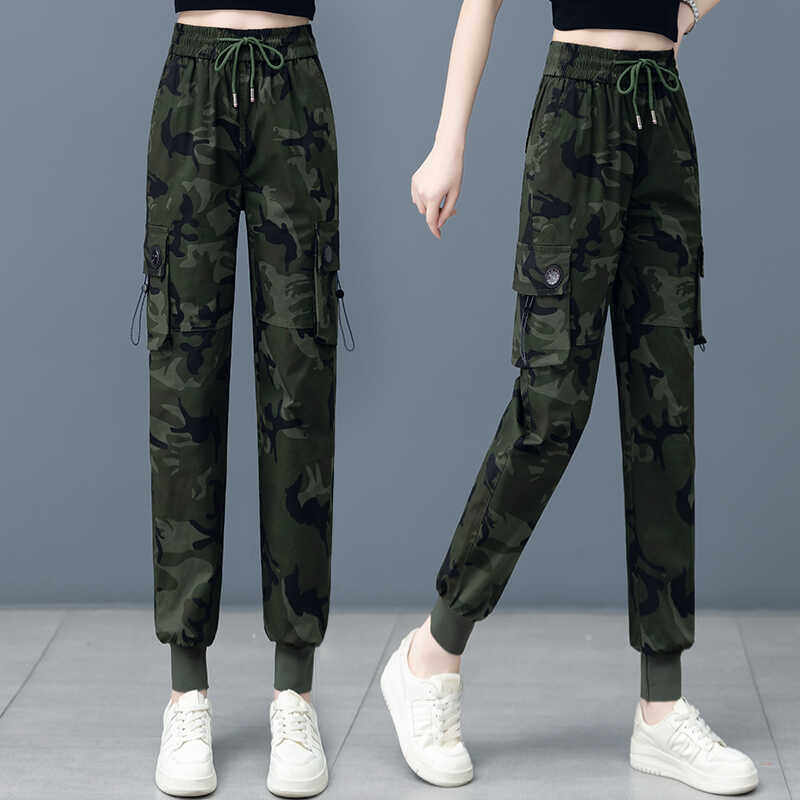 迷彩工装裤少女春夏装束脚显瘦户外初中高中学生纯棉直筒登山裤子