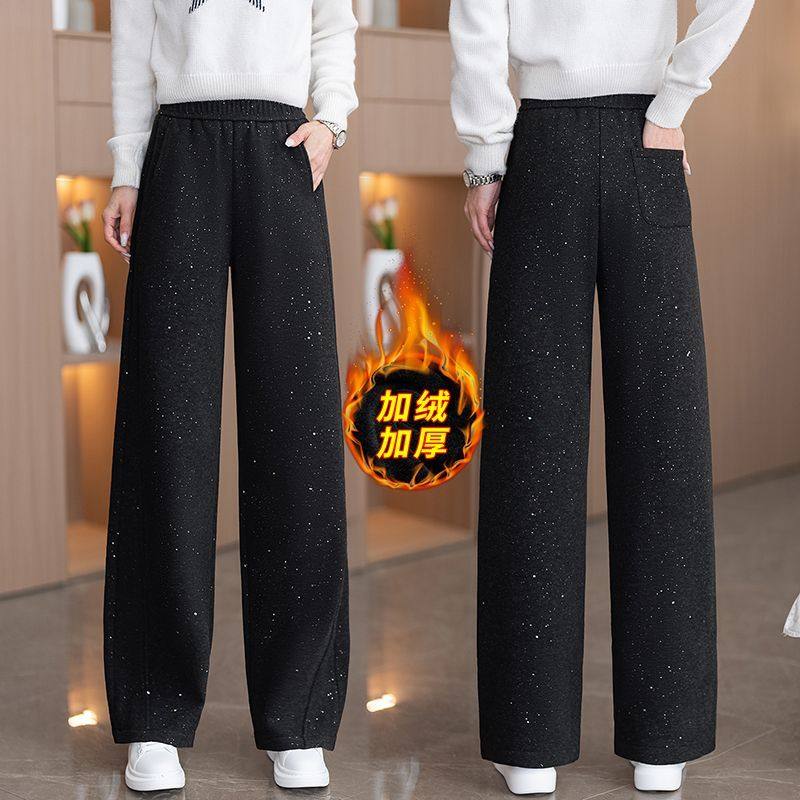 烫钻毛呢阔腿休闲裤女秋冬2025新款加绒加厚松紧腰宽松保暖直筒裤
