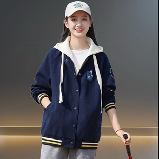 假两件连帽外套少女春秋装新款大童休闲棒球服初中高中学生上衣服