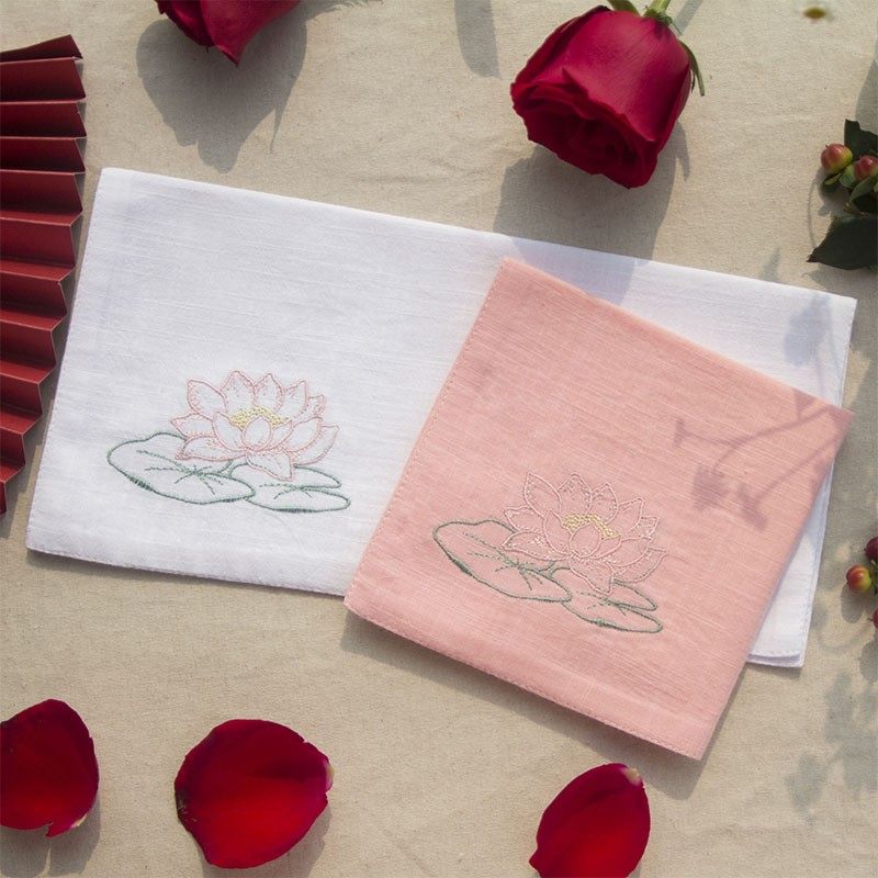 手帕女士全棉刺绣可定制名字纯棉古风手绢方巾朋友生日礼物 荷花