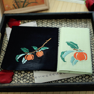 喜柿连连 手帕纯棉小方巾柿子刺绣古风男士女士随身方巾吸汗手绢