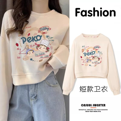 chic港风圆领无帽短款卫衣