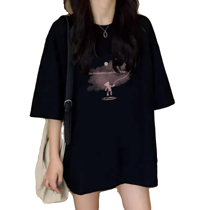 2025新款欧货纯棉中长款t恤女下衣失踪宽松设计黑色大版短袖上衣