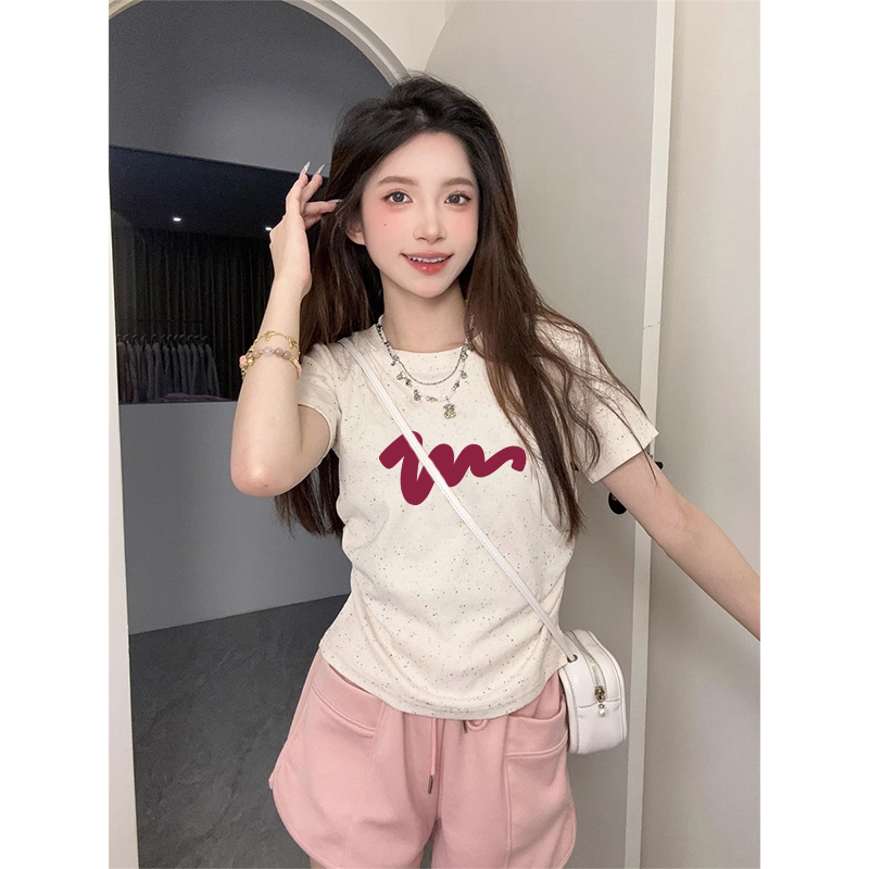圆领彩虹波点修身短袖t恤女夏季新款高级感正肩短袖褶皱收腰上衣