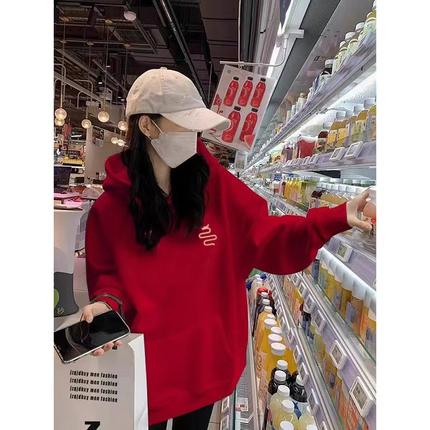国风蛇年本命年连帽情侣卫衣男女秋冬款加绒宽松情侣装酒红色外套