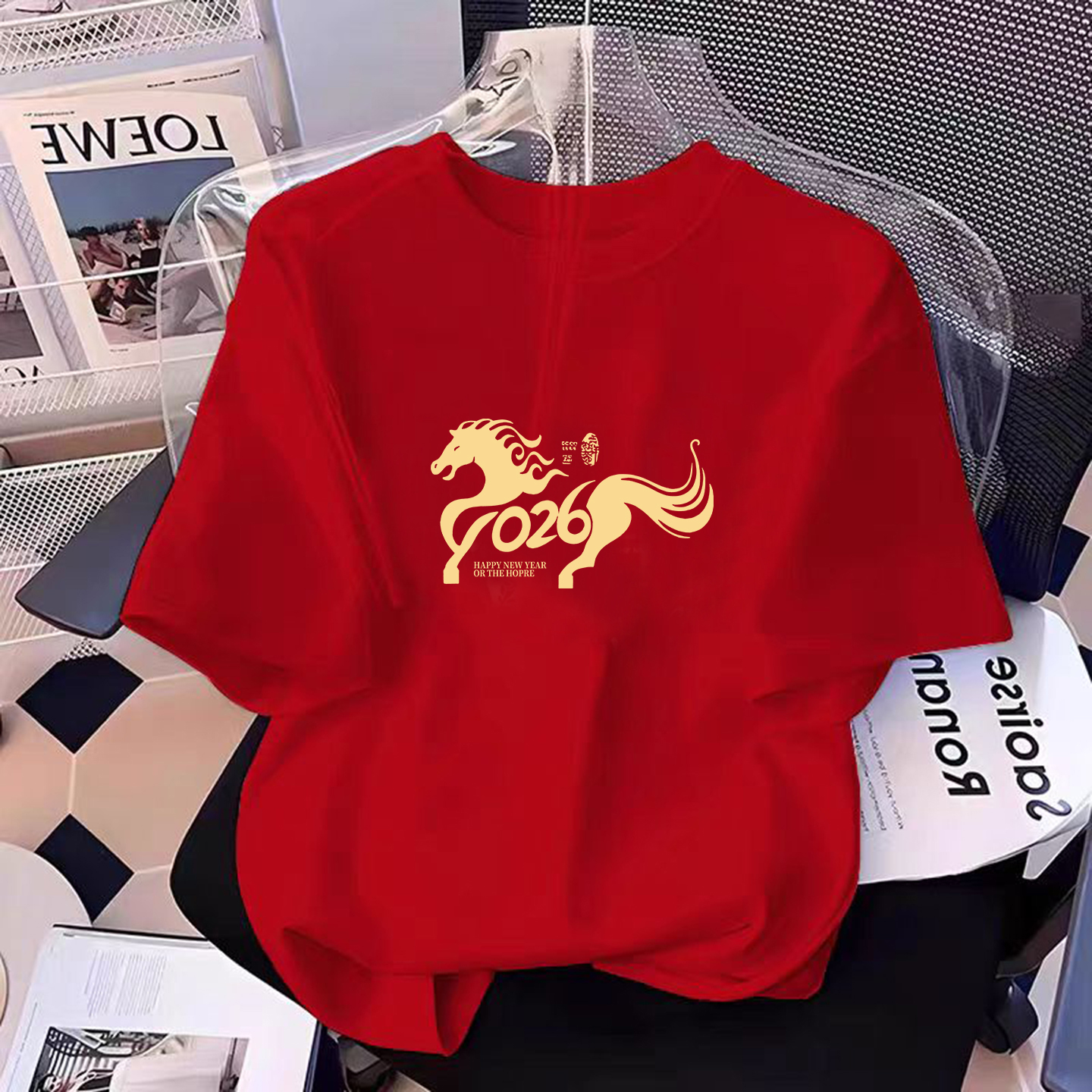 纯棉平安喜乐短袖T恤酒红色本命衣服宽松大板半袖上衣中长款百搭