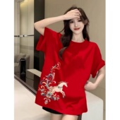 新年纯棉红色短袖 t恤女2026马年本命年衣服秋冬喜庆宽松半袖 上衣