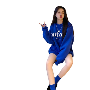 克莱因蓝圆领卫衣女2025秋冬冬新款oversize宽松中长款遮屁股上衣