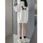 宽松慵懒风上衣中长款 白色圆领美式 复古重磅卫衣女2025新款 遮屁股