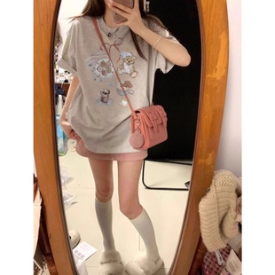 重磅纯棉美式 设计感小众宽松上衣 复古卡通落肩短袖 t恤女2025新款
