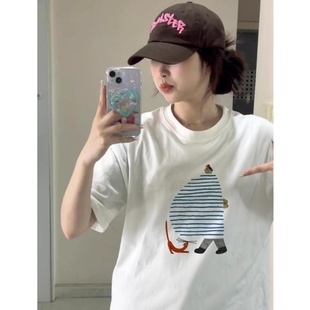 爆款 t恤女夏季 2025新款 纯棉短袖 落肩上衣 设计感美式 印花宽松半袖