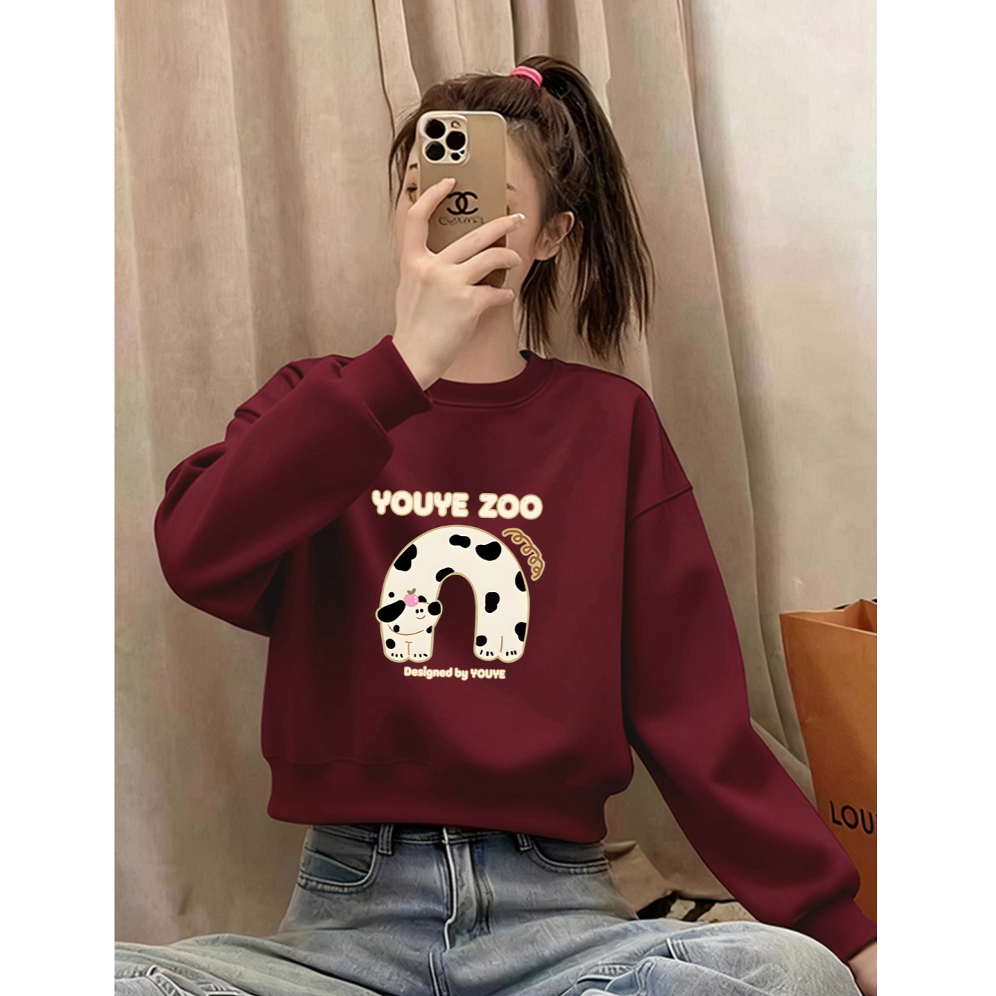 卡通圆领加绒加厚短款卫衣女