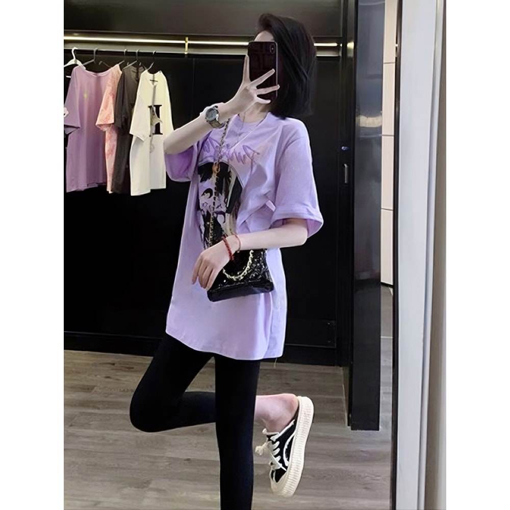 纯棉紫色短袖宽松摩托车设计洋气t恤女感欧货大版中长款潮牌上衣