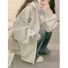 卫衣外套女白灰色2025新款连帽宽松开衫早秋拉链巨好看设计感上衣