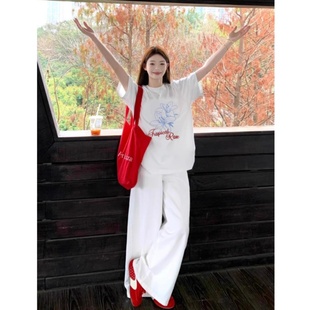 宽松慵懒风设计感chic韩系上衣 美式 落肩纯棉短袖 白t恤女夏季 新款