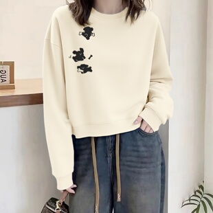 美式复古圆领重磅卫衣女2026秋季新款设计感小狗印花无帽短款上衣