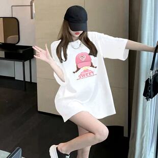 大版 纯棉宽松半袖 上衣 T恤女2025新款 欧货白色卡通印花圆领短袖