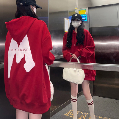 加绒加厚宽松中长款遮屁股卫衣女