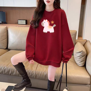 本命年秋冬装新年酒红色卫衣女2026马年宽松大板加绒加厚爆款上衣