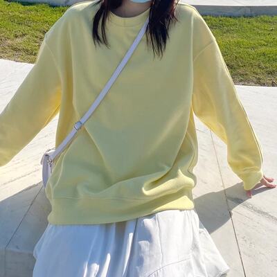 淡黄色卫衣女薄款圆领套头炸街高级感鹅黄色宽松甜美秋冬长袖上衣