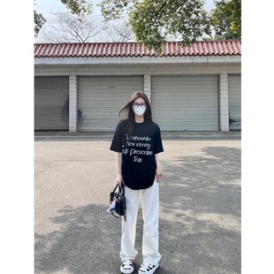 设计感宽松休闲字母印花白色短袖 美式 圆领落肩t恤小众上衣女潮夏