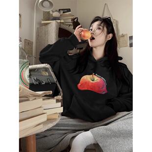 早秋水果卫衣女新款2026春秋季薄款oversize宽松套头黑色连帽上衣