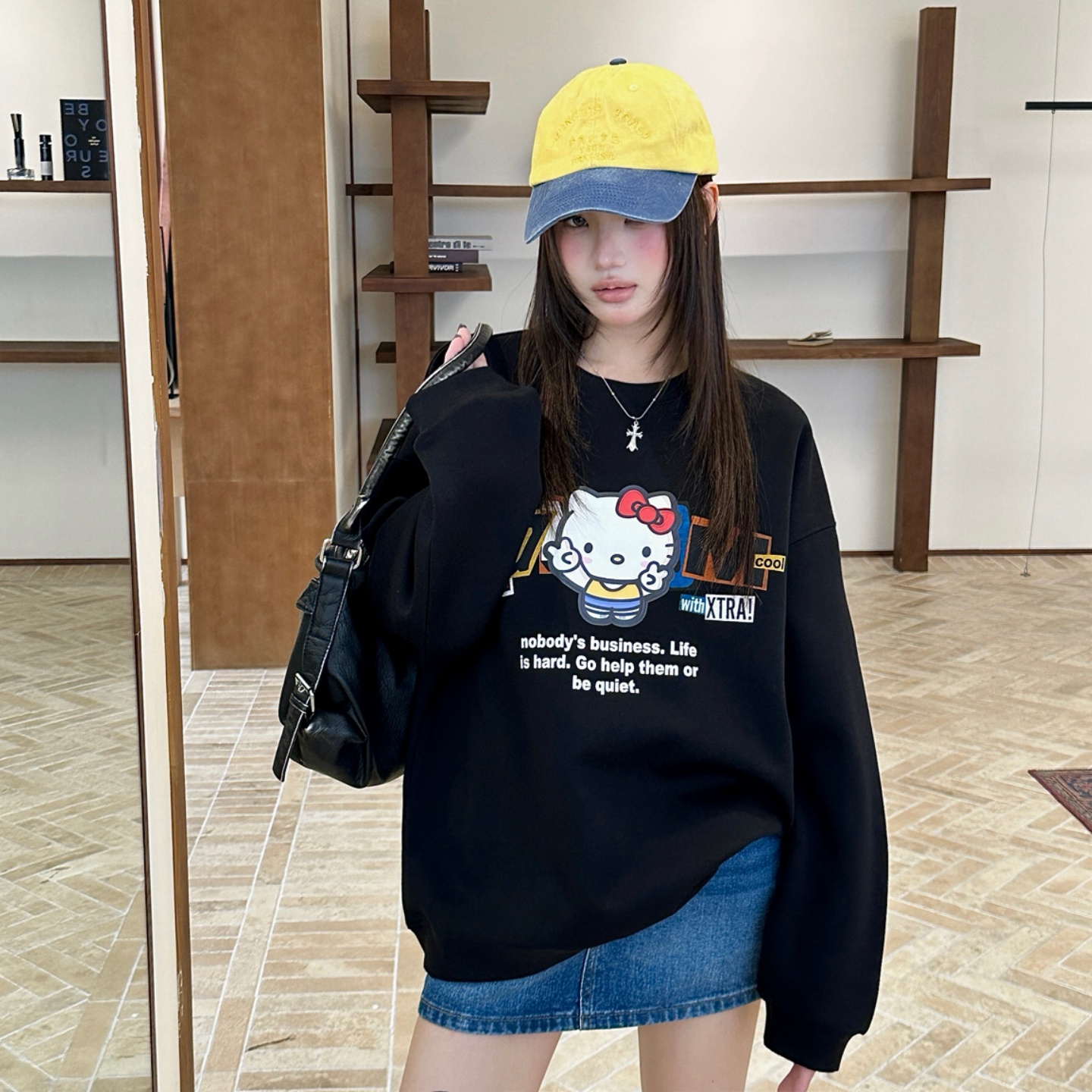 白色韩版可爱卡通Kitty印花宽松圆领卫衣女保暖秋冬加绒长袖上衣