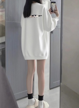 小众设计猫咪图案白色重磅卫衣女加绒圆领宽松oversize秋冬上衣潮