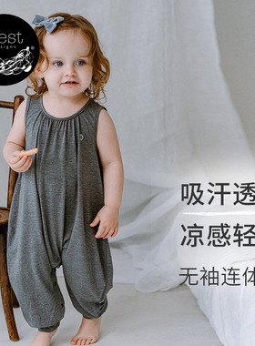 Nest Designs婴儿无袖连体衣夏季薄款宝宝爬服吊带宝宝背心包屁衣