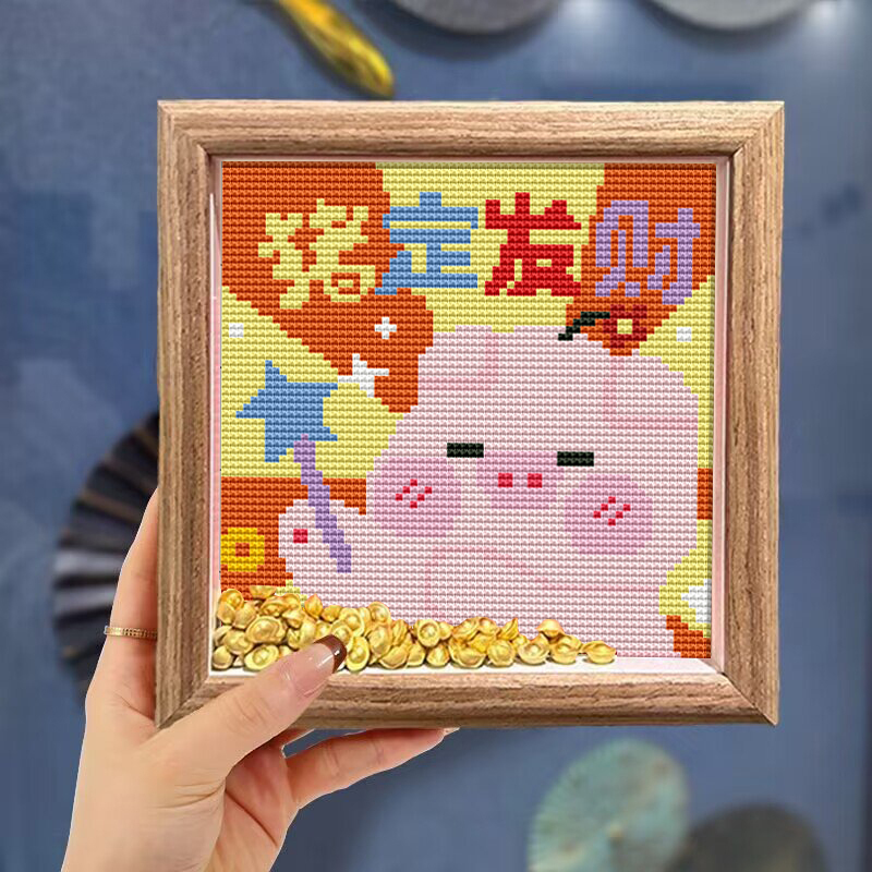 小件十字绣生肖猪定发财手工礼物带相框送朋友招财摆件自己线绣