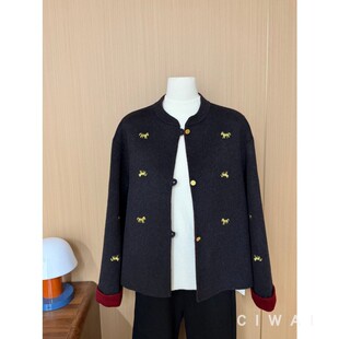 单排扣显瘦妈妈装 立领小马刺绣毛呢外套女短款 新中式 2026春秋新款